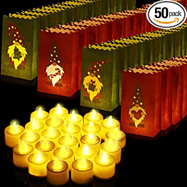 50 Set Christmas Luminary Bags with Flameless Candles LED Tea Lights Paper Xmas Luminaries Bags Outdoor Red and Green with Tree, Snowman, Gnome Design for Christmas Party (Gnome Style)