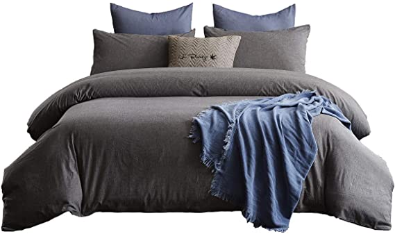 Mermaker Duvet Cover Queen, 3 Piece Washed Cotton Duvet Cover Set, Simple Style Bedding Set (Queen, Gray)