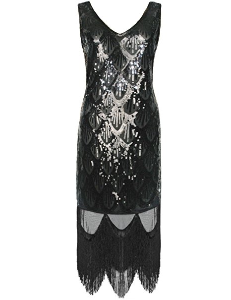 KAYAMIYA Women's 1920s Fish Scale Sequin Pattern Fringe Gatsby Flapper Dress