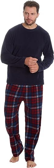MICHAEL PAUL Mens Soft & Cosy Fleece Pyjamas | Warm PJ Set Nightwear Sleepwear Loungewear Modern Set with Check Bottoms | Soft Twosie Pyjama Set for Men Gifts for Him