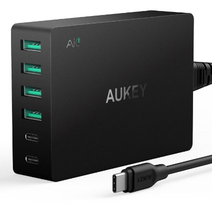 USB-C AUKEY Amp Type-C 6-Port Charging Station with Quick Charge 3.0; Includes 3' USB-C to C cable for LG G5, HTC 10, Nexus 6P, MacBook, & More