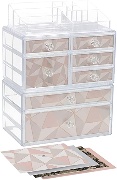 Sorbus Cosmetics Makeup and Jewelry Storage Case Organizer Display Set – Large 3-Piece Stackable Interlocking Drawers Custom Makeup Station – Includes Pink, Gray, Snakeskin, Geometric Print Inserts