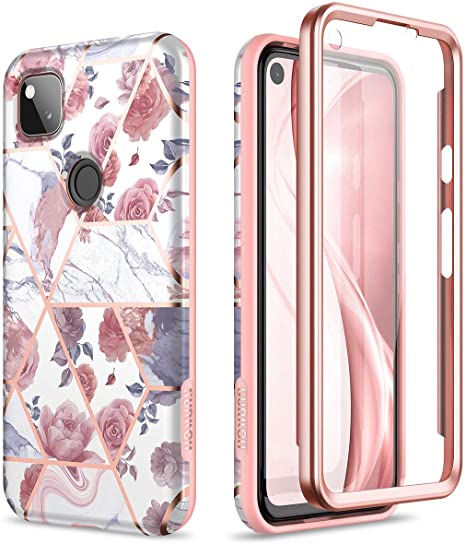 SURITCH for Google Pixel 4a Case【NOT for 5G】, [Built-in Screen Protector] Marble Full-Body Protection Shockproof Rugged TPU Bumper Protective Case for Google Pixel 4a 4G 5.8 inch 2020(Rose Marble)