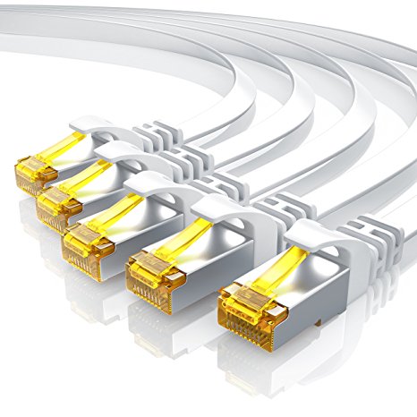 Primewire - 5 x 1.0m - CAT.7 Flat Ethernet Gigabit Lan network cable (RJ45) 10 / 100/ 1000 Mbit/s | Patchcable | U / FTP Shielding | compatible with CAT.5 / CAT.5e / CAT.6 | for Switch / Router/ Modem | white
