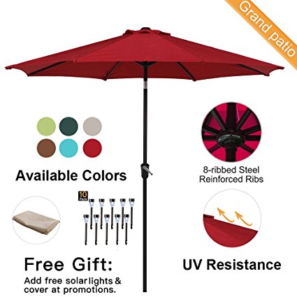 Grand patio 9FT, 8 Ribs Aluminum Patio Umbrella with Auto Crank and Push Button Tilt, UV Protective Beach Umbrella, Powder Coated Outdoor Umbrella, Red