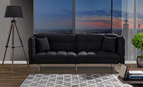 Divano Roma Furniture Collection - Modern Plush Tufted Velvet Fabric Splitback Living Room Sleeper Futon (Black)