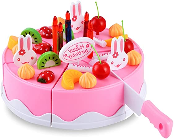 BigNoseDeer Play Birthday Cake Children's Day Gift Play Food Toy Set DIY Cutting Pretend Play Birthday Party Cake with Candles for Children Kids Classic Toy 37pcs(New Outer Package)
