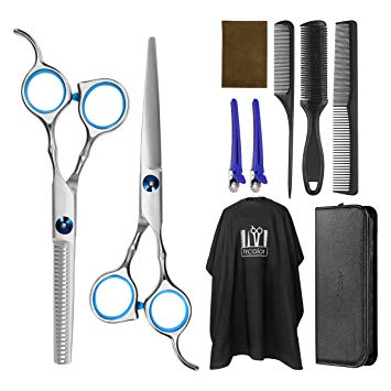Frcolor Hair Cutting Scissors Hairdressing Thinning Shears Kit with Barber Cape Hair Thinning Cutting Combs and Black Case,Professional Upgraded Haircut Set