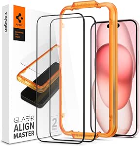 SPIGEN AlignMaster Full Cover for iPhone 15 Plus Screen Protector, Easy Application Auto Alignment Technology Installation Tray Oleophobic Coating 9H Tempered Slim Glass [2-Pack] - Black