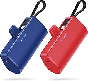 [2 Pack] Mini Portable Charger Power Bank for iPhone,[2024 Upgraded] 5200mAh PD Battery Pack Built-in USB C Cable,Backup Charger Compatible with iPhone 15/14/14 Pro Max/13/12/11/XR/8,Android-Blue Red