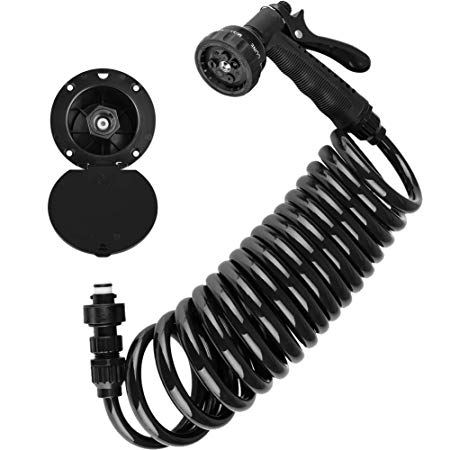 Dura Faucet RV Exterior Quick Connect Sprayer with 7 Settings, 15-Foot Coiled Hose, and Utility Spray Dock Kit (Black) - New 2019 Model