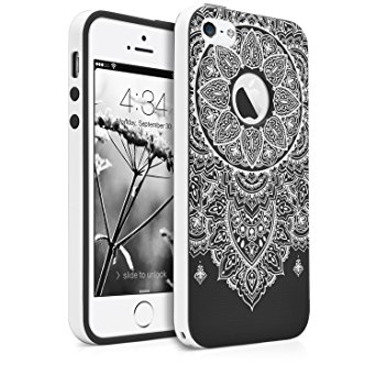 iPhone SE / 5S / 5 Case, MagicMobile Slim Hybrid Case [Cute White Henna Mandala Pattern] Rugged Paisley Print Lace Floral Customized TPU with Bumper Frame Dual Layers - [Black]