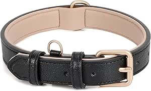 Leather Dog Collar Adjustable Soft Leather Padded Collar Heavy Duty for Small Medium Large Size Dogs with Alloy Buckle(Black,L)