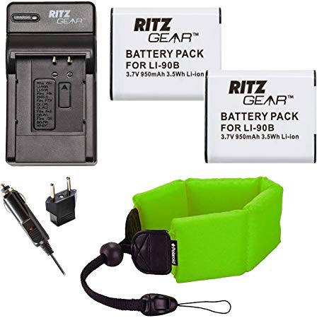 Ritz Gear for Olympus LI-90B, LI-92B, TG-4 and TG-5 Camera 2X Batteries, Charger and Float Strap Bundle, Compatible with Olympus SH-1, SH-50 iHS, SH-60, SP-100, SP-100EE, Tough TG-1,TG-2, and,TG-3,
