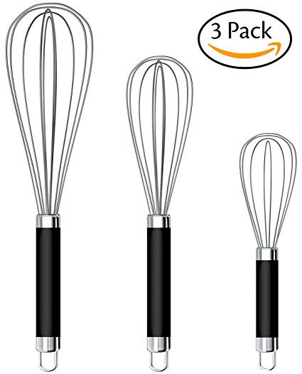 Set of 3 Stainless Steel Whisk 8" 10" 12", Kitchen Balloon Hand Stainless Whisk Set for Blending Whisking Beating Stirring by Ouddy