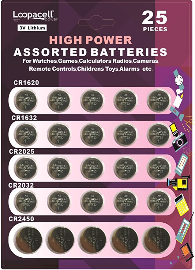 Loopacell High Power Button Cell 3V Lithium Assorted Battery CR2032 CR2025 CR2450 CR1620 CR1632 Pack of 25