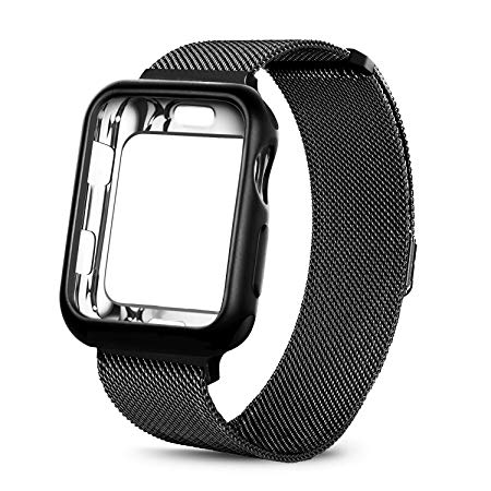 HONEJEEN Compatible with Apple Watch Band 38mm 42mm with Case, Stainless Steel Mesh with Adjustable Magnetic Closure Replacement for iWatch Band Series 3 2 1