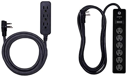 GE Designer Extension Cord with Surge Protection, Braided Power Cord, 15 ft, 3 Outlets, Black/Grey & 6 Outlet Surge Protector, 10 Ft Extension Cord, 600 Joules, Twist-to-Close Safety Covers, Black