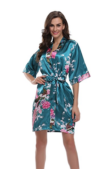 Sunnyhu Women's Kimono Robe, Peacock & Blossoms Design, Short