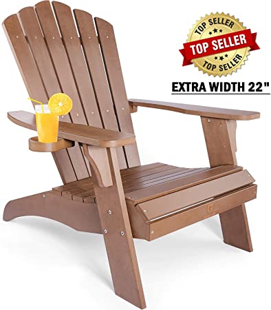 OT QOMOTOP Oversized Adirondack Chair, Cup Holder, Unfoldable Polystyrene Chair, 350lbs Duty Rating, Weatherproof Lounge Chair for Backyard, Patio, Porch and Garden, 38L 30.25W 41.5H (Brown)