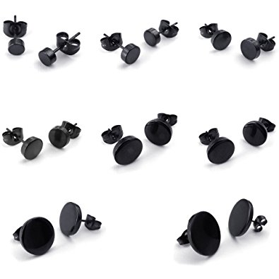 Konov Jewelry Mens Stainless Steel 3-14mm Rounded Stud Earrings Set, 16pcs(8 Pairs), Black, with Gift Bag, C24450