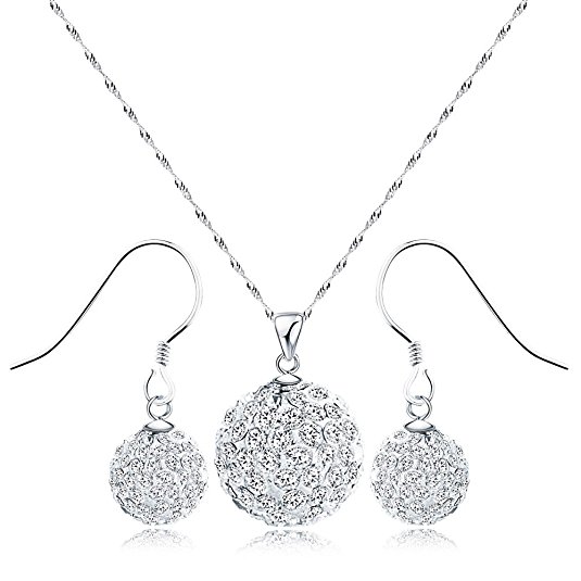 Merdia 925 Sterling Silver Created Crystal Pendant & Earrings Set (White Earring and Necklace)