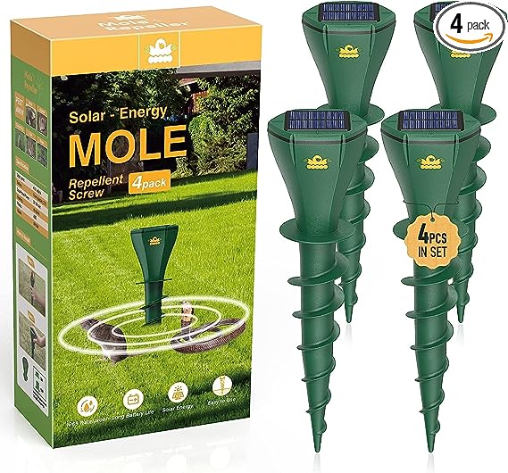 Mole Repellent Screw for Lawns, Mole Traps Solar Powered Outdoor Gopher Deterrent, Quiet Design Vole Killer Get Rid of Snake Armadillo Groundhog - IP65 Waterproof (Green 4pack)