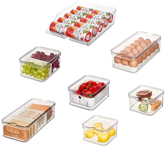 iDesign Plastic Refrigerator Organizer Bin Set The Spruce Fridge Binz, Set of 7, Clear/Matte White, 7 Count