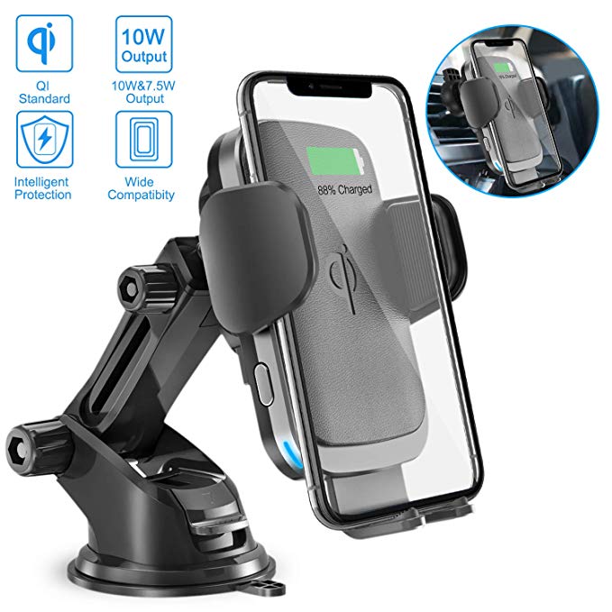 Wireless Car Charger, Acokki 10W/7.5W Qi Fast Charging Auto-Clamping Car Phone Holder, Windshield Dashboard Air Vent Car Mount Compatible with iPhone Samsung Nexus HTC Sony Huawei