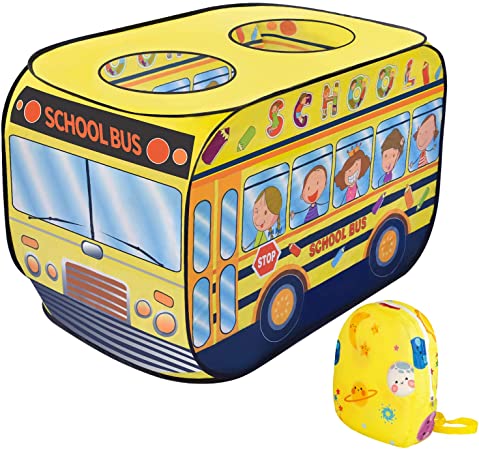 FunLittleToy School Bus Pop Up Play Tent for Kids with School Backpack, Kids Tent for Indoor & Outdoor