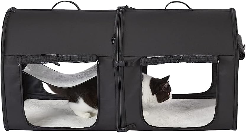 DREAMSOULE Portable Double Soft-Sided Pet Kennel, Twin Compartment Show House Cat Condo, Collapsible Comfy Puppy Home & Dog Travel Crate with Hammock/Mats for All Pets Car Seat, Black