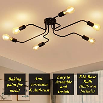 ZEEFO Flush Mount Ceiling Light Modern Art Vintage Sputnik Design Chandelier Metal Black Industrial Lighting Fixtures with 6 Lights E26 Bulb Base Suitable for Kitchen,Dining Room, Bedroom