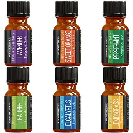 Pure Body Naturals Top 6 Premium Essential Oils 100% Pure Therapeutic Grade - Great Starter Kit or Gift Set - 6/10 Ml ( Lavender, Tea Tree, Eucalyptus, Lemongrass, Orange,and Peppermint )