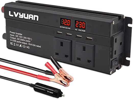 LVYUAN Modified Sine Wave Power Inverter 1200/2500 W DC 12V to 240V AC Car Converter with 4 USB | 3 UK Sockets | Dual LED Display | Fan, Car Adapter, Black