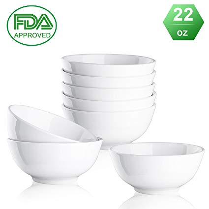Porcelain bowls Ceramic bowl - 22 Ounce for Cereal, Salad and Desserts, White, Set of 8