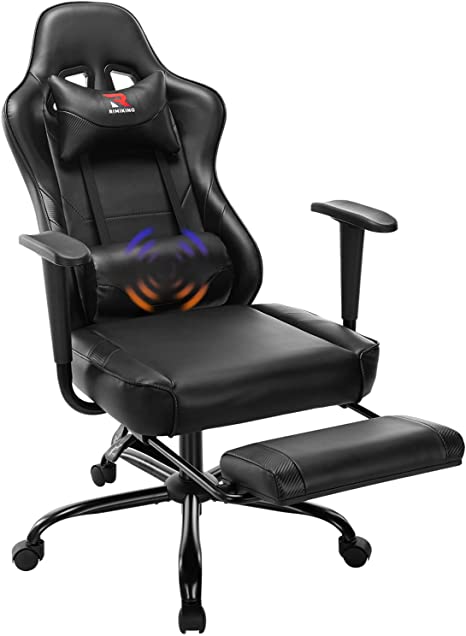 Massage Reclining Gaming Chair - Adjustable Back Angle and Footrest High Back PU Leather E-Sports Racing Gamer PC Computer Desk Swivel Office Chair (Black)