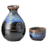Japanese Sake Set, Black-blue-gold Nagashi-Rokuhei a bottle”Tokkuri” and a cup”Ochoko”, set of 2