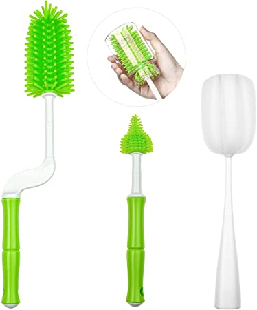 Silicone Bottle Cleaning Brush Set, Long Handle Baby Bottle Treat Brush, 360°Rotating Cup Cleaner brusher for Cleaning All Kinds of Bottles, Teats, Vases and Glassware with Flexible Handle (Green)
