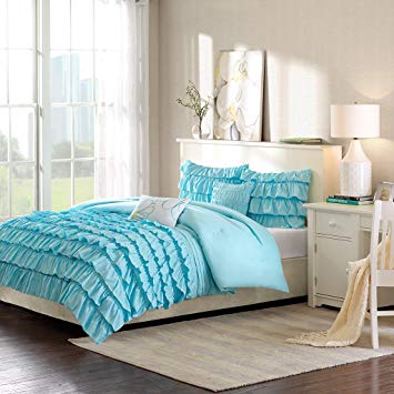 Intelligent Design Waterfall Comforter Set Full/Queen Size - Teal, Ruffles – 5 Piece Bed Sets – Ultra Soft Microfiber Teen Bedding for Girls Bedroom