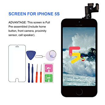 iPhone 5S Screen Replacement With Home Button - MAFIX Full Pre-assembly LCD Display Digitizer Touch Screen Kit Include Repair Tools & Screen Protector, Black