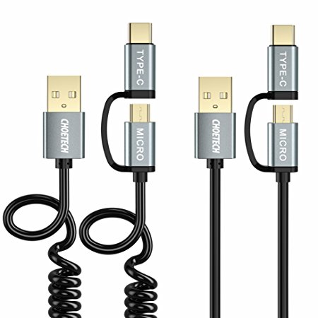 CHOETECH 2-in-1 USB Type C Micro USB Cable (2-Pack, Straight   Coiled), 4ft/1.2m Charge & Sync Cable for Samsung Galaxy S8 / S8 Plus, LG G6, G5, HTC 10 and Other Type C & Micro USB Supported Devices