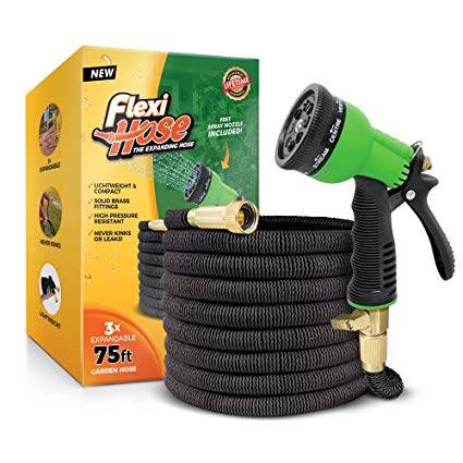 Flexi Hose & 8 Function Nozzle, 75 FT Lightweight Expandable Garden Hose | No-Kink Flexibility - Extra Strength with 3/4 Inch Solid Brass Fittings & Double Latex Core | Rot, Crack, Leak Resistant