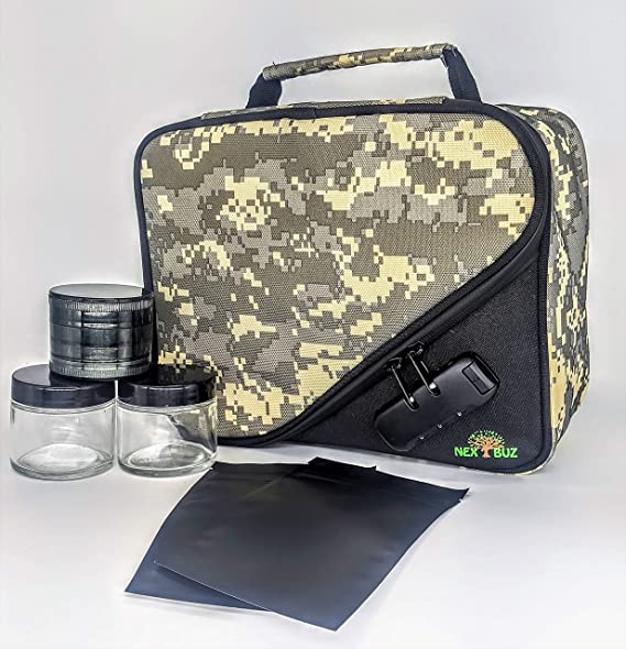 Large High Quality Combo Lock Carbon Lined Smell Proof Bag, Large Smell Proof Container, Waterproof Smell Proof Case, Smell Proof Stash Box, (includes 2 reusable bags, Herb Grinder, 2 4oz Glass Jars).