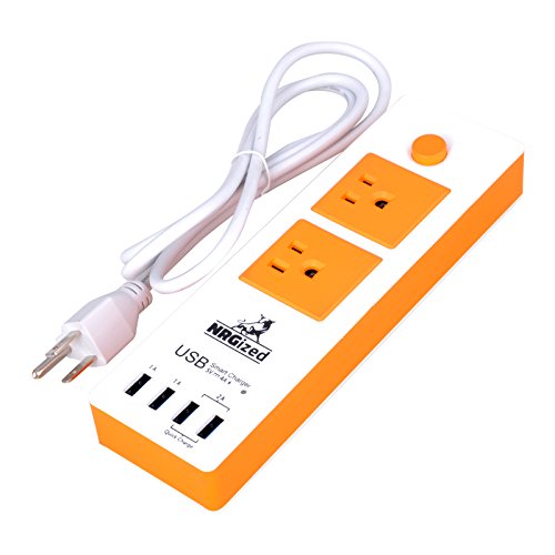 NRGized C300 Power Strip with 2-AC Outlets and 4 USB Charging Ports 5-Ft Cord (White/Orange)