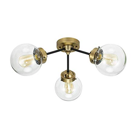 Rivet Mid-Century Modern Glass Globe Flushmount Lighting Fixture with 3 LED Bulbs - 24.5 x 24.5 x 10 Inches, Black And Brass