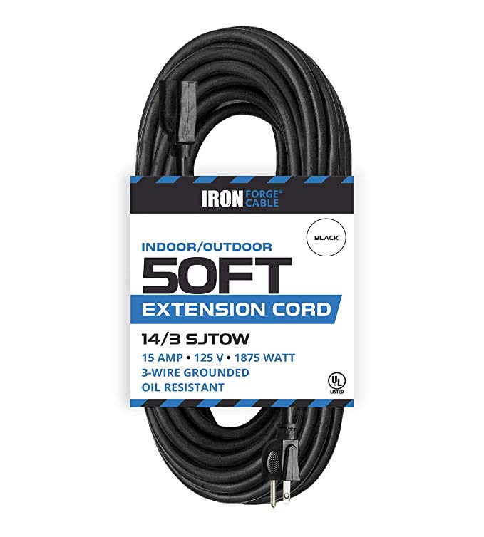 50 Ft Black Oil Resistant Extension Cord for Farms and Ranches - 14/3 SJTOW Heavy Duty Outdoor Electrical Cable with 3 Prong Grounded Plug for Safety