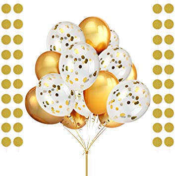 LeeSky 50 Pack 12 Inches Gold Latex Party Balloons ,12 Pack 12 Inches Gold Confetti Balloons and Gold Glitter Circle Dots Garland Banner- Party Decoration Accessories & Party Favors