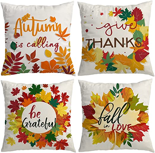Fall Pillow Covers 18x18 Inches Fall Decor Fall Decorations Thanksgiving Autumn Theme Farmhouse Decorative Outdoor Maple Leaves Throw Pillowcase Linen Cushion Case for Home Decor Set of 4