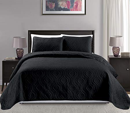 Mk Collection King/California king over size 118"x106" 3 pc Diamond Bedspread Bed-cover Embossed solid Black New