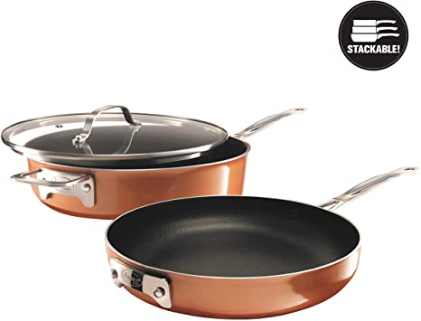 Gotham Steel Stackable 3 Piece Frying Pan Cookware Set– Stackmaster Ultra Nonstick Cast Texture Ceramic Coating, Stacks and Nests within Each Other - Dishwasher Safe